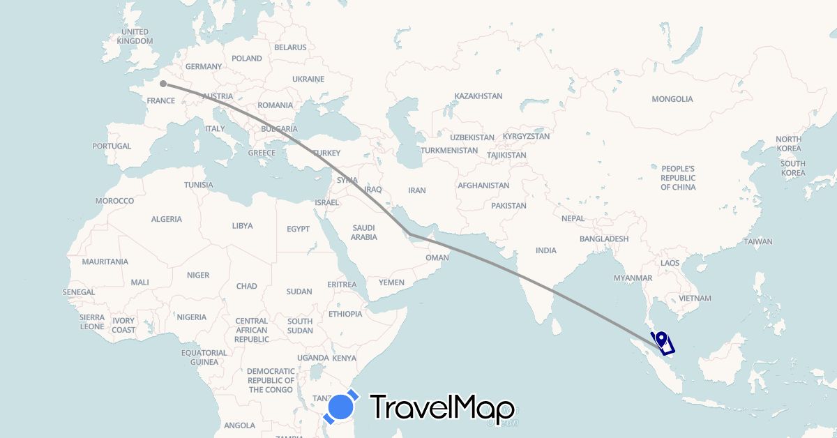 TravelMap itinerary: driving, plane in France, Malaysia, Qatar (Asia, Europe)